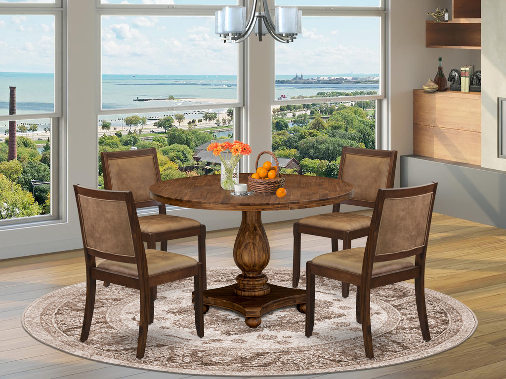 East West Furniture I2X25-0N-28 5-piece Kitchen Table set included a Round Kitchen Table and 4 Brown Texture Faux Leather stackable Dining Chair, Antique Walnut Finish.