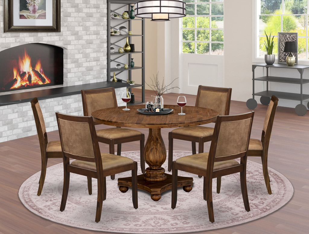 East West Furniture I2X27-0N-28 7-piece Dining Room Table Set consists of a Round Kitchen Table and 6 Brown Texture Faux Leather stackable kitchen Chair, Antique Walnut Finish.