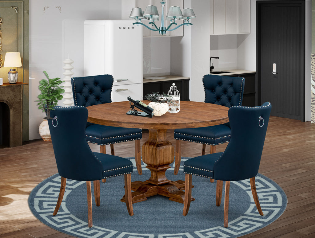 Luxe by East West Furniture I3DA5-50N-29 5-Piece Dining Set with Faux Leather 4 Navy Blue Kitchen chairs, Button-Tufted Backs, and a 54"Round Table in Antique Walnut Finish.