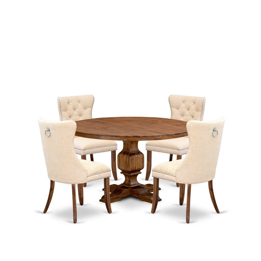 Luxe by East West Furniture I3DA5-50N-32 5-Piece Dining Table Set with Linen Fabric 4 Light Beige Dining Room chairs, Button-Tufted Backs, and a 54"Round Kitchen Table in Antique Walnut Finish.