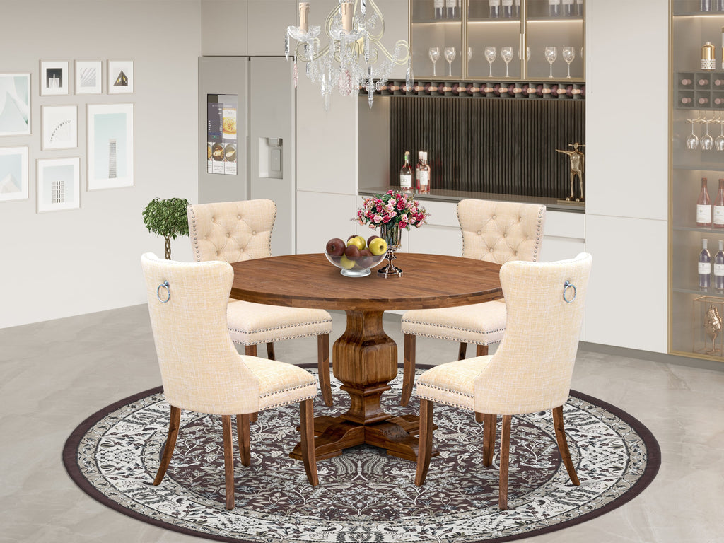 Luxe by East West Furniture I3DA5-50N-32 5-Piece Dining Table Set with Linen Fabric 4 Light Beige Dining Room chairs, Button-Tufted Backs, and a 54"Round Kitchen Table in Antique Walnut Finish.