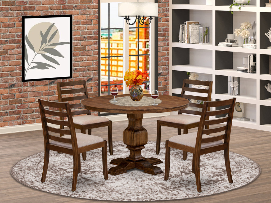 East West Furniture I3X15-0N-04 5-piece Dining Table Set included a Round Kitchen Table and 4 Light Tan Linen Fabric stackable Dining Chair, Antique Walnut Finish.