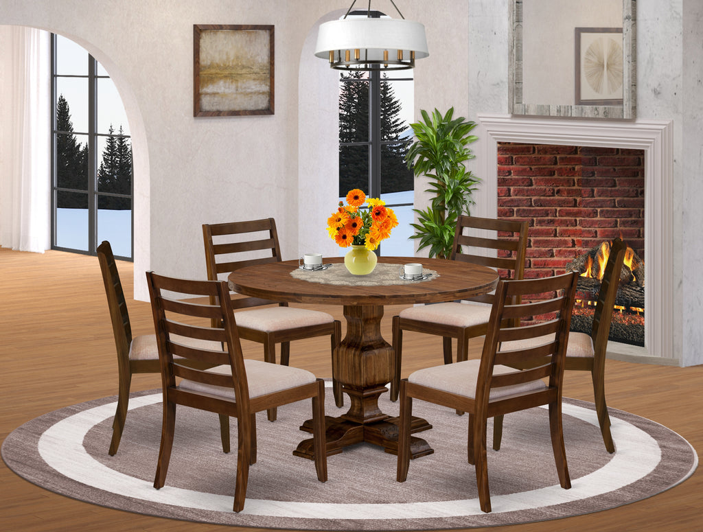 East West Furniture I3X17-0N-04 7-piece Dining Room Table Set included a Round Kitchen Table and 6 Light Tan Linen Fabric stackable Chair, Antique Walnut Finish.