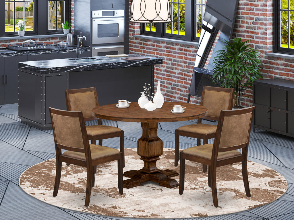 East West Furniture I3X25-0N-28 5-piece kitchen Table Set consists of a Round Kitchen Table and 4 Light Tan Linen Fabric stackable dining Chair, Antique Walnut Finish.