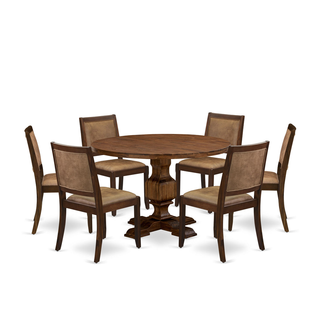 East West Furniture I3X27-0N-28 7-piece Dining Room Table Set consists of a Round Kitchen Table and 6 Light Tan Linen Fabric stackable kitchen Chair, Antique Walnut Finish.