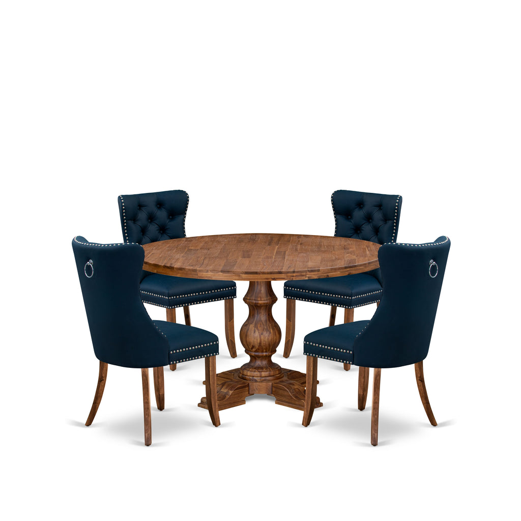 Luxe by East West Furniture I5DA5-50N-29 5-Piece Dining Table Set with Faux Leather 4 Navy Blue Padded chairs, Button-Tufted Backs, and a 54"Round Table in Antique Walnut Finish.