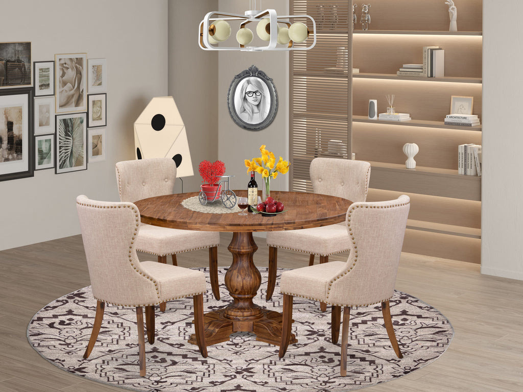 Luxe by East West Furniture I5SI5-50N-04 5-Pc Dining Set consists of a Pedestal Kitchen Table and 4 Light Tan Linen Fabric Dining Chairs with Button Tufted- Antique Walnut