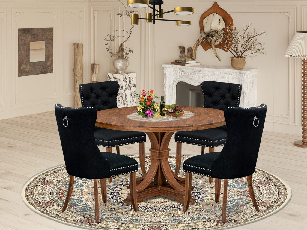 Luxe by East West Furniture I7DA5-50N-24 5-Piece Kitchen Table Set with Linen Fabric 4 Black dining chairs, Button-Tufted Backs, and a 54"Round Dinner Table in Antique Walnut Finish.