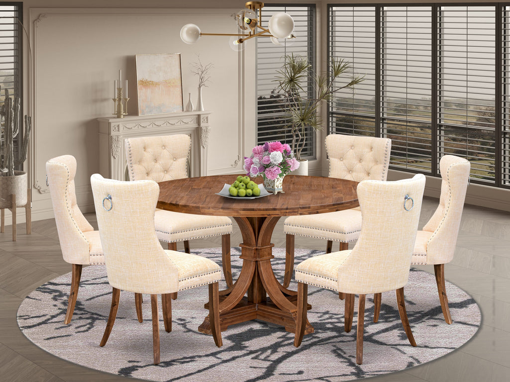 Luxe by East West Furniture I7DA7-50N-32 7-Piece Dining Room Set with Linen Fabric 6 Light Beige kitchen chairs, Button-Tufted Backs, and a 54"Round Dinner Table in Antique Walnut Finish.