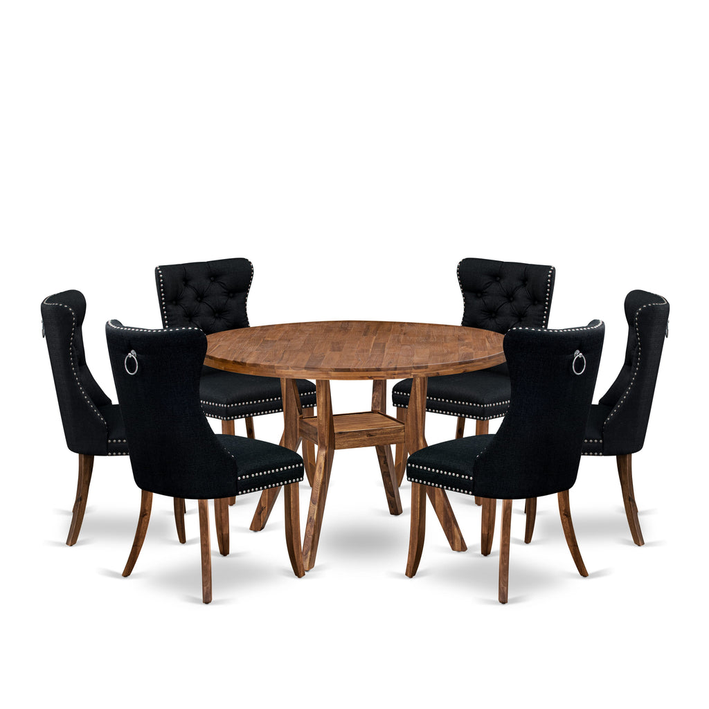 Luxe by East West Furniture I8DA7-40N-24 7-Piece Modern Dining Room Set with Linen Fabric 6 Black Dining chairs, Button-Tufted Backs, and a 48"Round Table in Antique Walnut Finish.