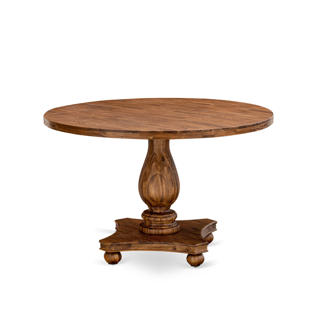 East West Furniture IR2-0N-TP IRVING Round Dining Table with Pedestal, Rustic Rubberwood Table in Sandblasting Antique Walnut Finish, 48 Inch