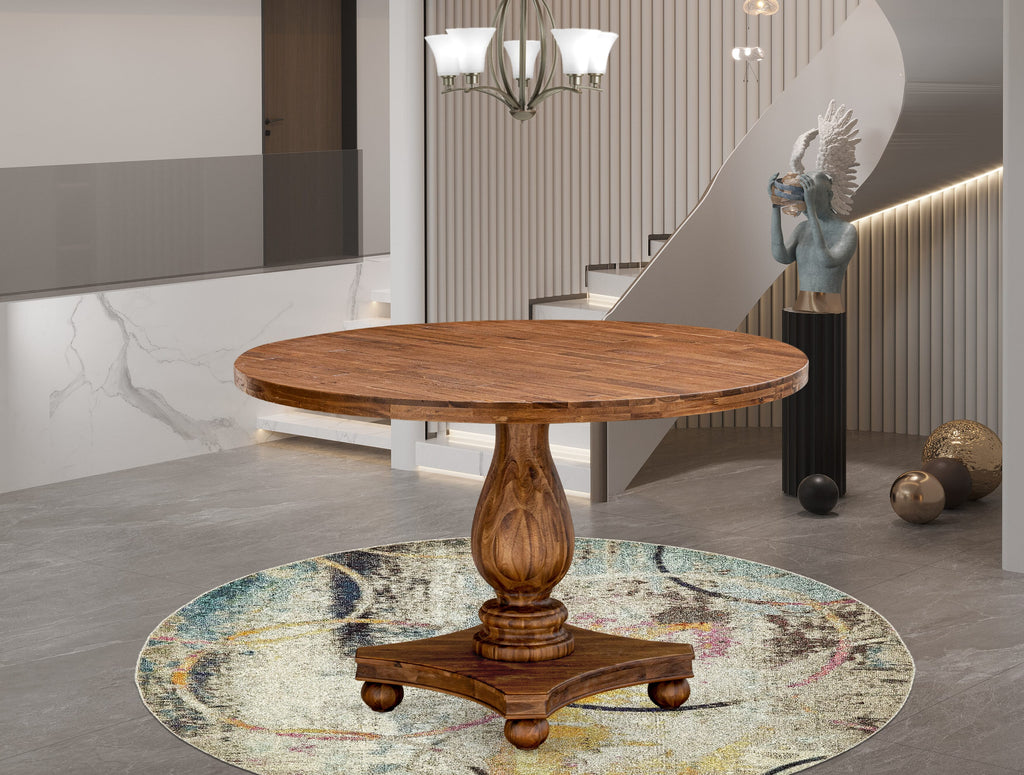 East West Furniture IR2-0N-TP IRVING Round Dining Table with Pedestal, Rustic Rubberwood Table in Sandblasting Antique Walnut Finish, 48 Inch