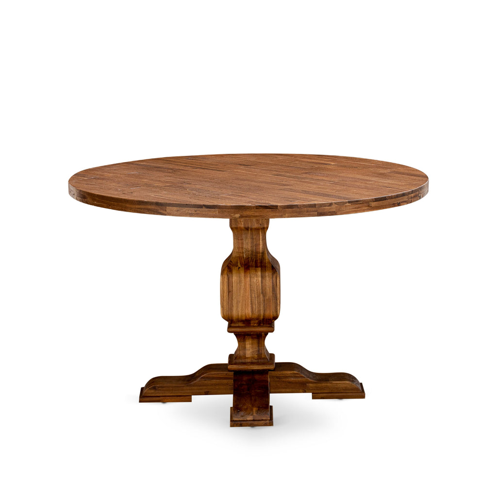 East West Furniture IR3-0N-TP IRVING Round Dining Table with Pedestal, Rustic Rubberwood Table in Sandblasting Antique Walnut Finish, 48 Inch