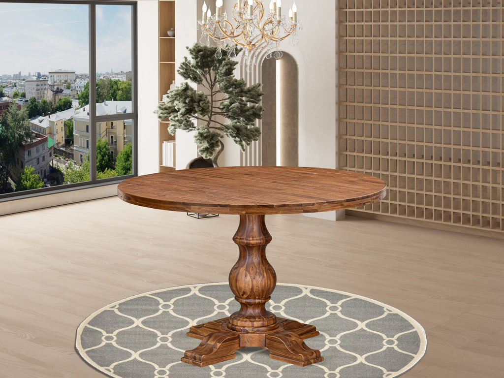 Luxe by East West Furniture - IR5-0N-TP - A Wood Dining table with a Round Tabletop and Stylish Pedestal  Antique Walnut Finish.