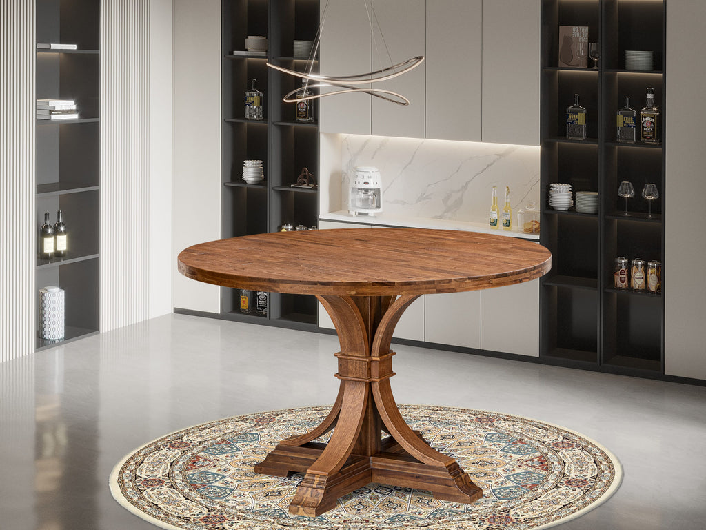Luxe by East West Furniture - IR7-0N-TP - A Wood Dinner table with a Round Tabletop and Stylish Pedestal  Antique Walnut Finish.