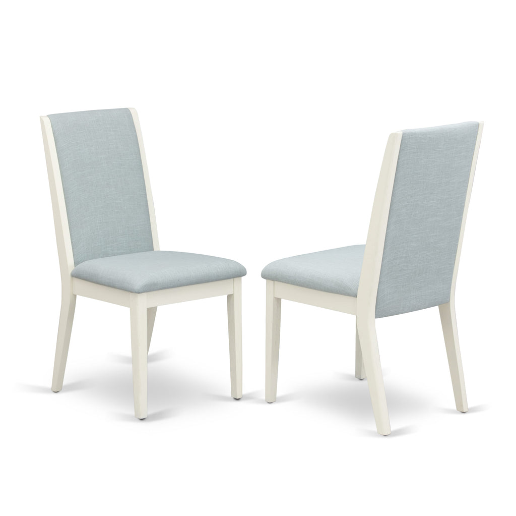 East West Furniture V027LA015-7 7 Piece Dining Table Set Consist of a Rectangle Dining Room Table with V-Legs and 6 Baby Blue Linen Fabric Parsons Chairs