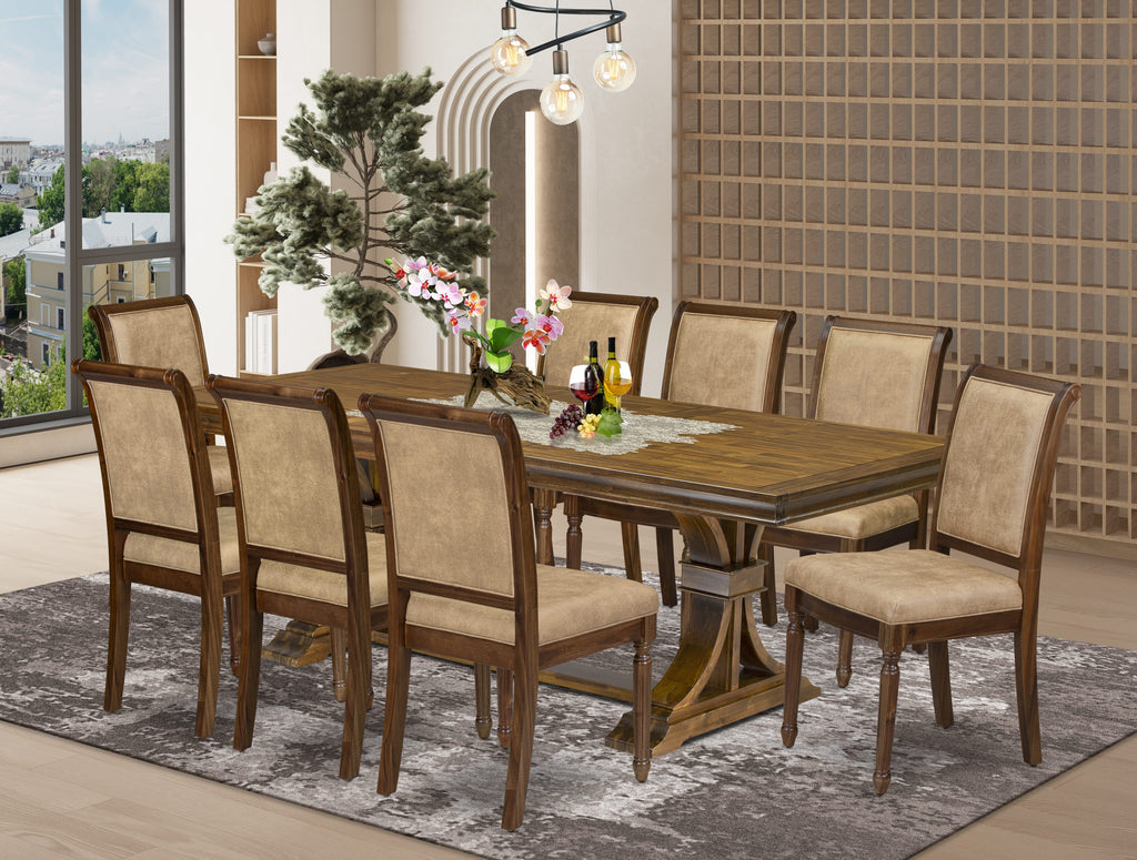 Luxe by East West Furniture LECY9-AWA-28 9-piece Dining Room Set consists of a Dining Table and 8 Beige PU Leather Kitchen Chairs with High Back - Antique Walnut Finish