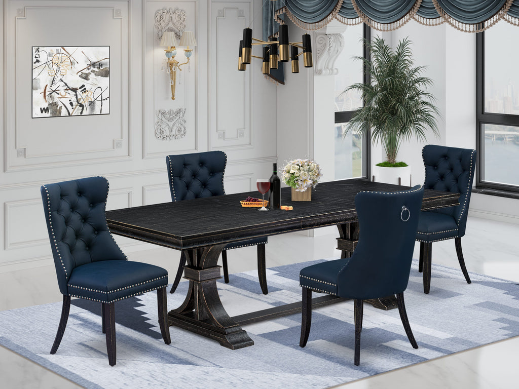 Luxe by East West Furniture LEDA5-SBB-29 - 5-piece dining table set includes a dinner table and 4 Navy Blue Faux Leather dining Chairs with Button Tufted Chair Back - Sand Blasting Black Finish.