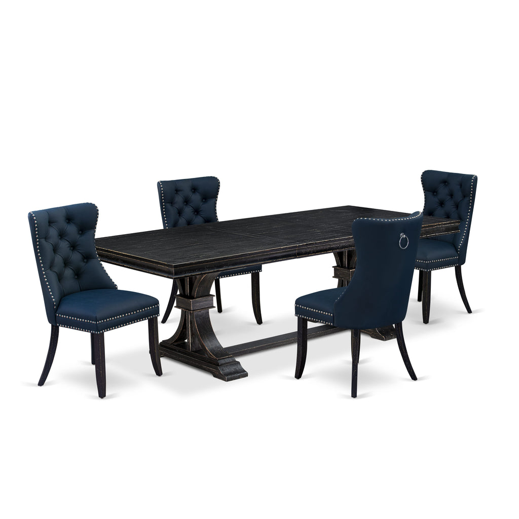Luxe by East West Furniture LEDA5-SBB-29 - 5-piece dining table set includes a dinner table and 4 Navy Blue Faux Leather dining Chairs with Button Tufted Chair Back - Sand Blasting Black Finish.