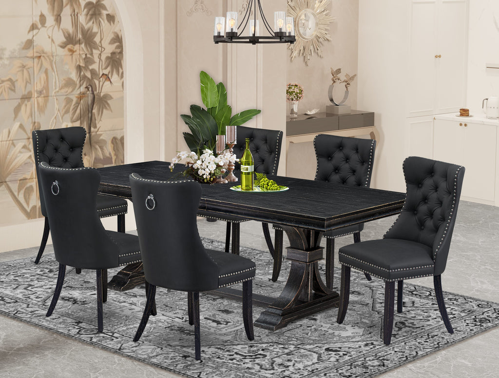 Luxe by East West Furniture LEDA7-SBB-12-7 Pieces Dining Set Contains a Rectangle Kitchen Table and 6 Dark Gray Faux Leather Modern Chairs, Sand Blasting Black*