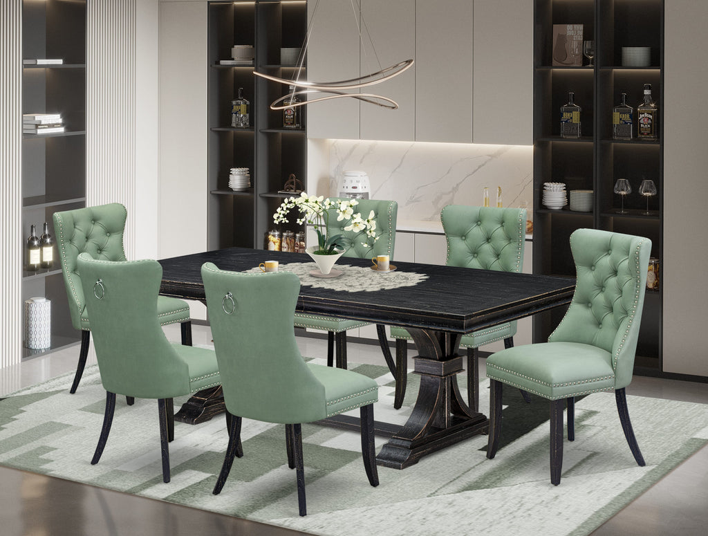 Luxe by East West Furniture LEDA7-SBB-22 7 Pieces Dining Set Contains a Rectangle Kitchen Table and 6 Willow Green Faux Leather Modern Chairs, Sand Blasting Black