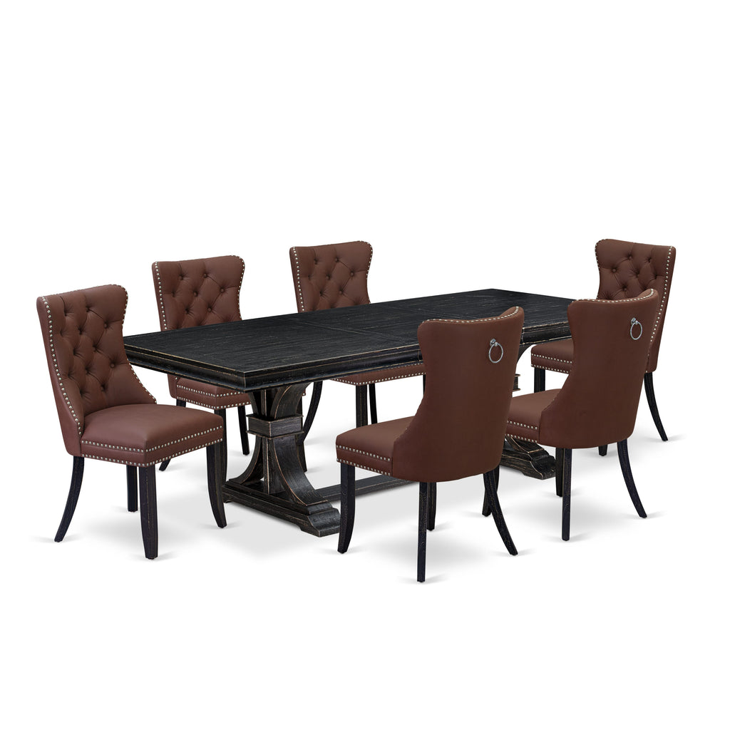 Luxe by East West Furniture LEDA7-SBB-26 - 7-piece kitchen table set includes a breakfast Table and 6 Burgundy Faux Leather dining Chairs with Button Tufted Chair Back - Sand Blasting Black Finish