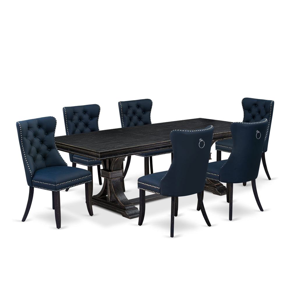 Luxe by East West Furniture LEDA7-SBB-29 - 7-piece dining set includes a breakfast table and 6 Navy Blue Faux Leather kitchen Chairs with Button Tufted Chair Back - Sand Blasting Black Finish.
