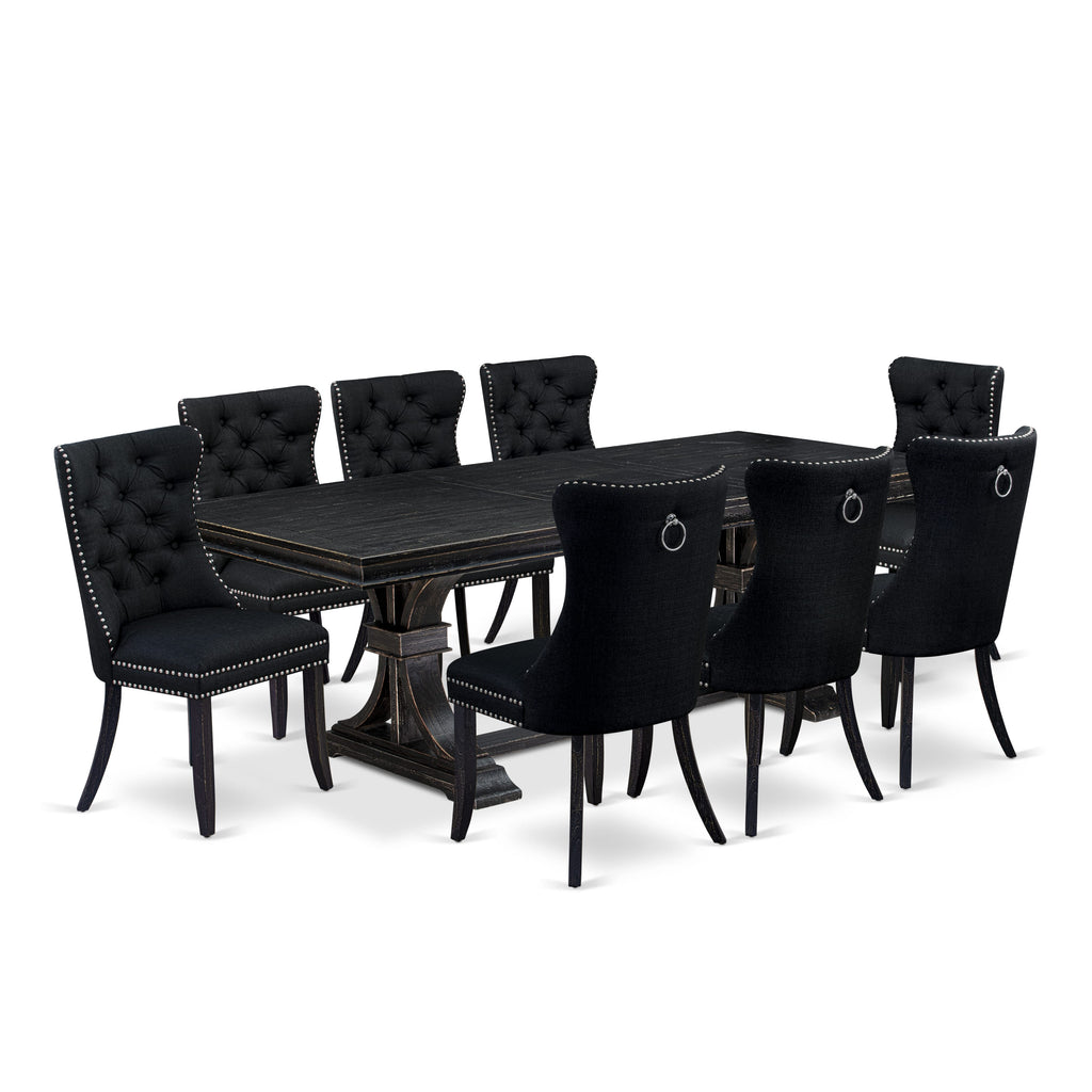 Luxe by East West Furniture LEDA9-SBB-24 - 9-piece modern dining set consists of a dinner table and 8 Black Linen Fabric kitchen chairs with Button Tufted Chair Back - Sand Blasting Black Finish.
