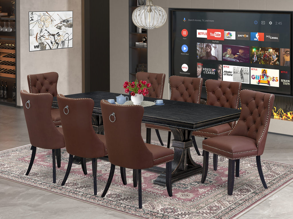 Luxe by East West Furniture LEDA9-SBB-26 - 9-piece modern dining set includes a wooden table and 8 Burgundy Faux Leather upholstered Chairs with Button Tufted Chair Back - Sand Blasting Black Finish