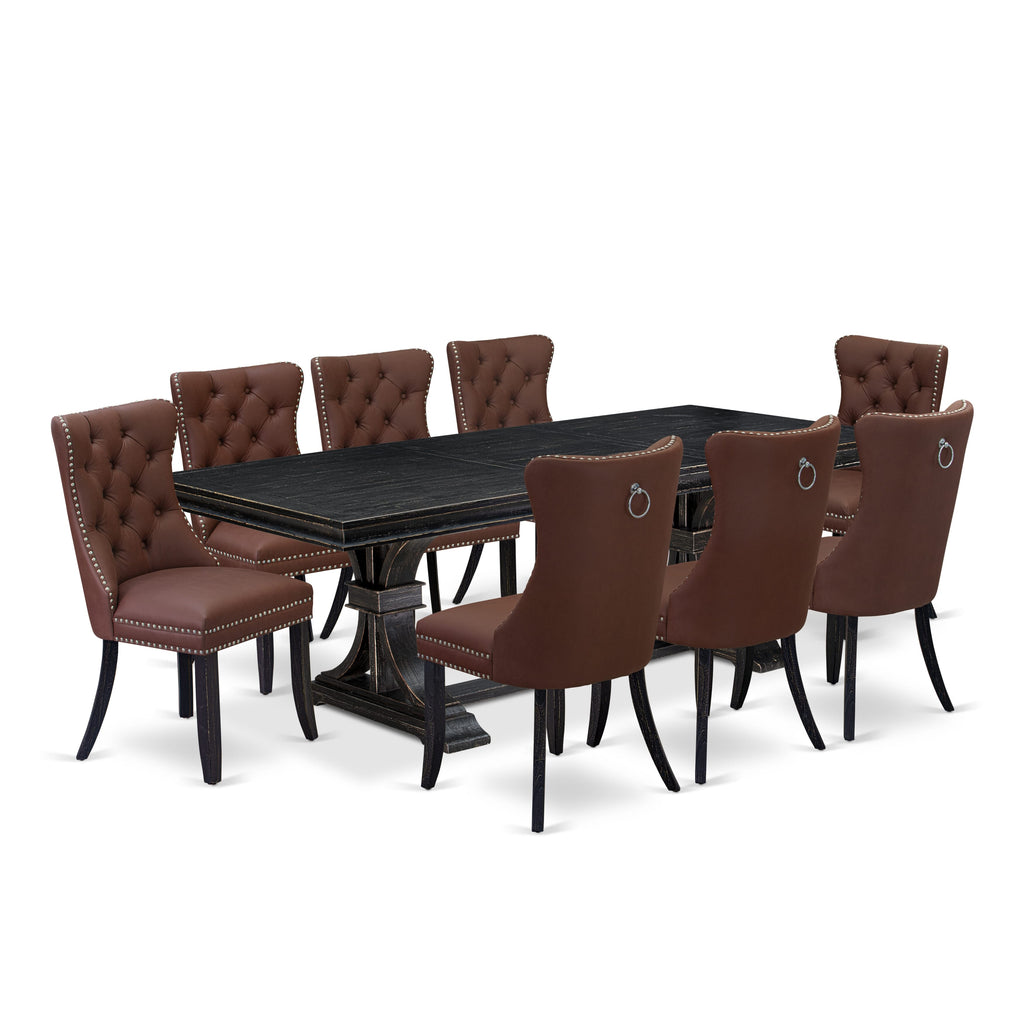 Luxe by East West Furniture LEDA9-SBB-26 - 9-piece modern dining set includes a wooden table and 8 Burgundy Faux Leather upholstered Chairs with Button Tufted Chair Back - Sand Blasting Black Finish