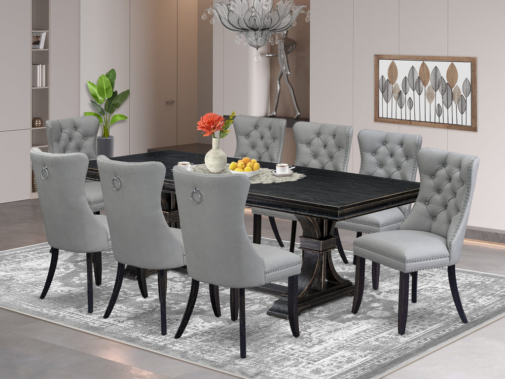 Luxe by East West Furniture LEDA9-SBB-27 - 9-piece kitchen table set-includes a dinner table and 8 Light Gray Faux Leather dining Chairs with Button Tufted Chair Back - Sand Blasting Black Finish.