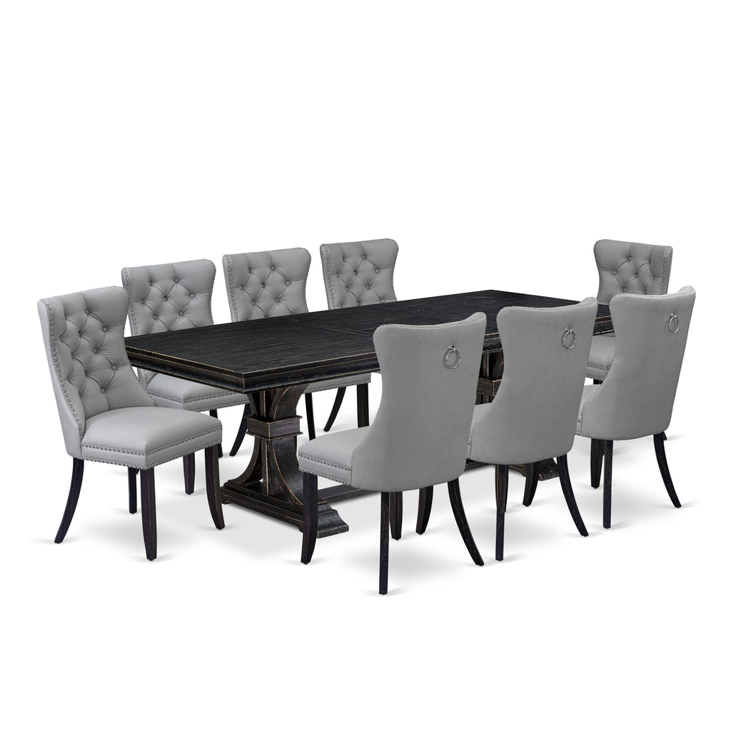 Luxe by East West Furniture LEDA9-SBB-27 - 9-piece kitchen table set-includes a dinner table and 8 Light Gray Faux Leather dining Chairs with Button Tufted Chair Back - Sand Blasting Black Finish.