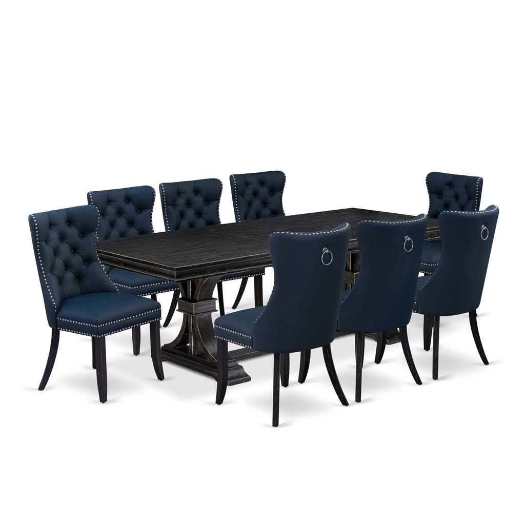 Luxe by East West Furniture LEDA9-SBB-29 - 9-piece kitchen set includes a dining table and 8 Navy Blue Faux Leather dining Chairs with Button Tufted Chair Back - Sand Blasting Black Finish.
