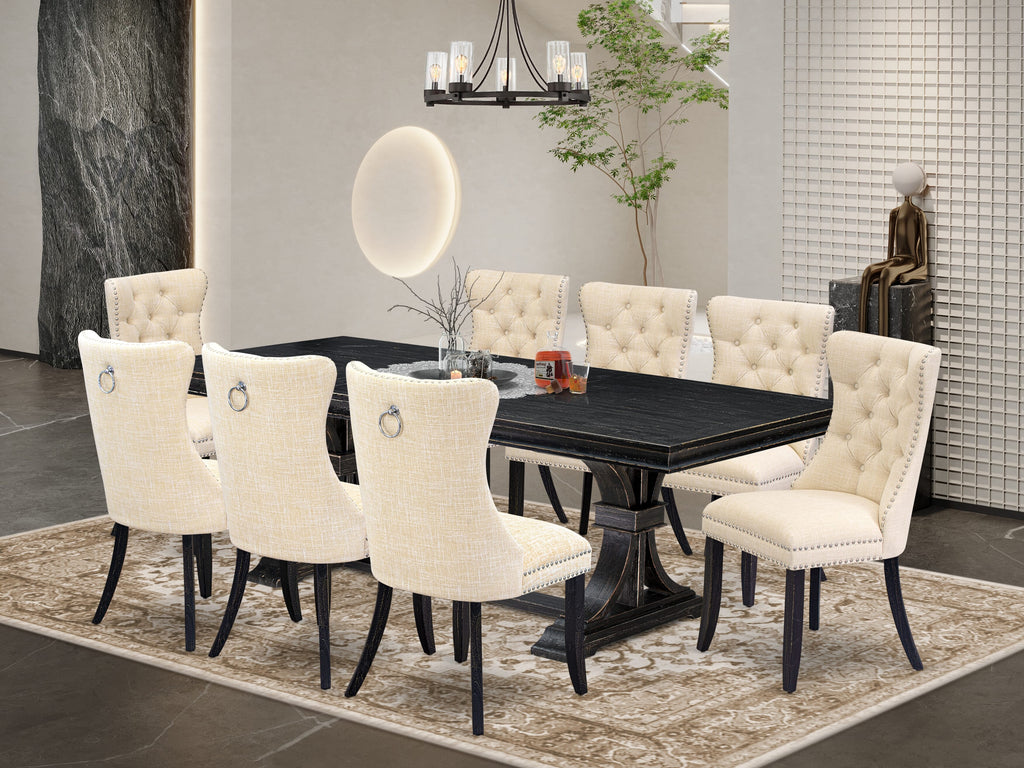 Luxe by East West Furniture LEDA9-SBB-32 - 9-piece modern dining set consists of a rectangular table and 8 Light Beige Linen Fabric padded chairs with Button Tufted Chair Back - Sand Blasting Black Finish.