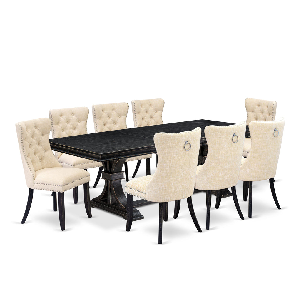 Luxe by East West Furniture LEDA9-SBB-32 - 9-piece modern dining set consists of a rectangular table and 8 Light Beige Linen Fabric padded chairs with Button Tufted Chair Back - Sand Blasting Black Finish.