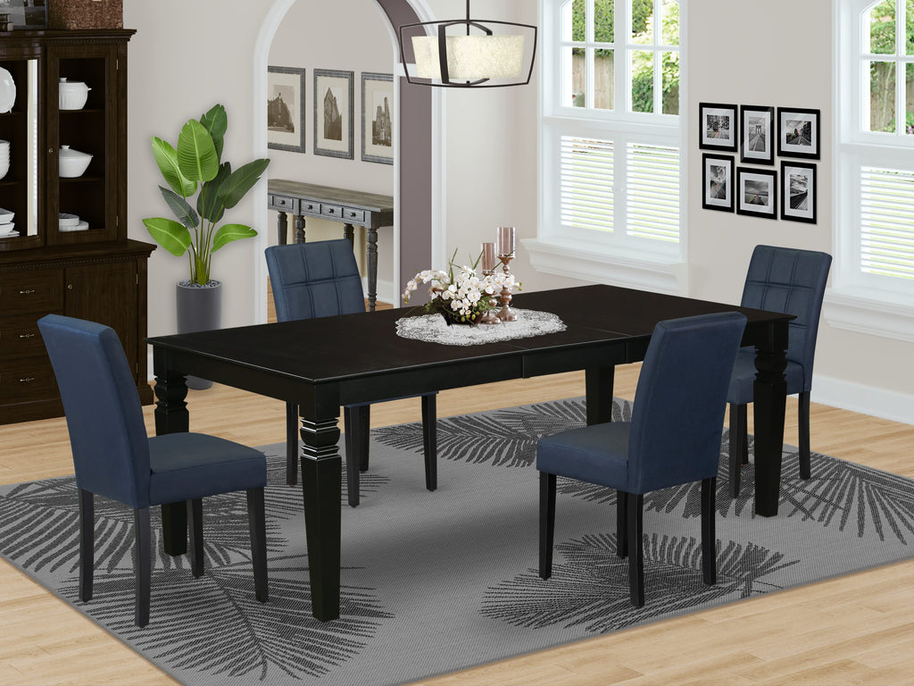 East West Furniture LGAS5-BLK-09 5 Piece Kitchen Table Set Includes A Dinner Table and 4 Dark Navy Blue Faux Leather Mid- Century Chairs with Stylish Back- Black Finish