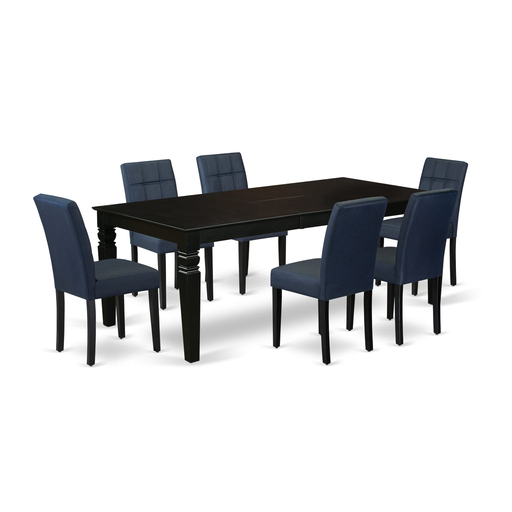 East West Furniture LGAS7-BLK-09 7 Piece Dining Table Set consists A Wooden Table and 6 Dark Navy Blue Faux Leather Modren Dining Chairs with Stylish Back- Black Finish