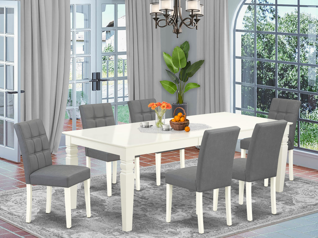 East West Furniture LGAS7-LWH-41 7 Piece Kitchen Table Set contain A Modern Table and 6 Platinum Gray Faux Leather Dining Chairs with Stylish Back- Linen White Finish