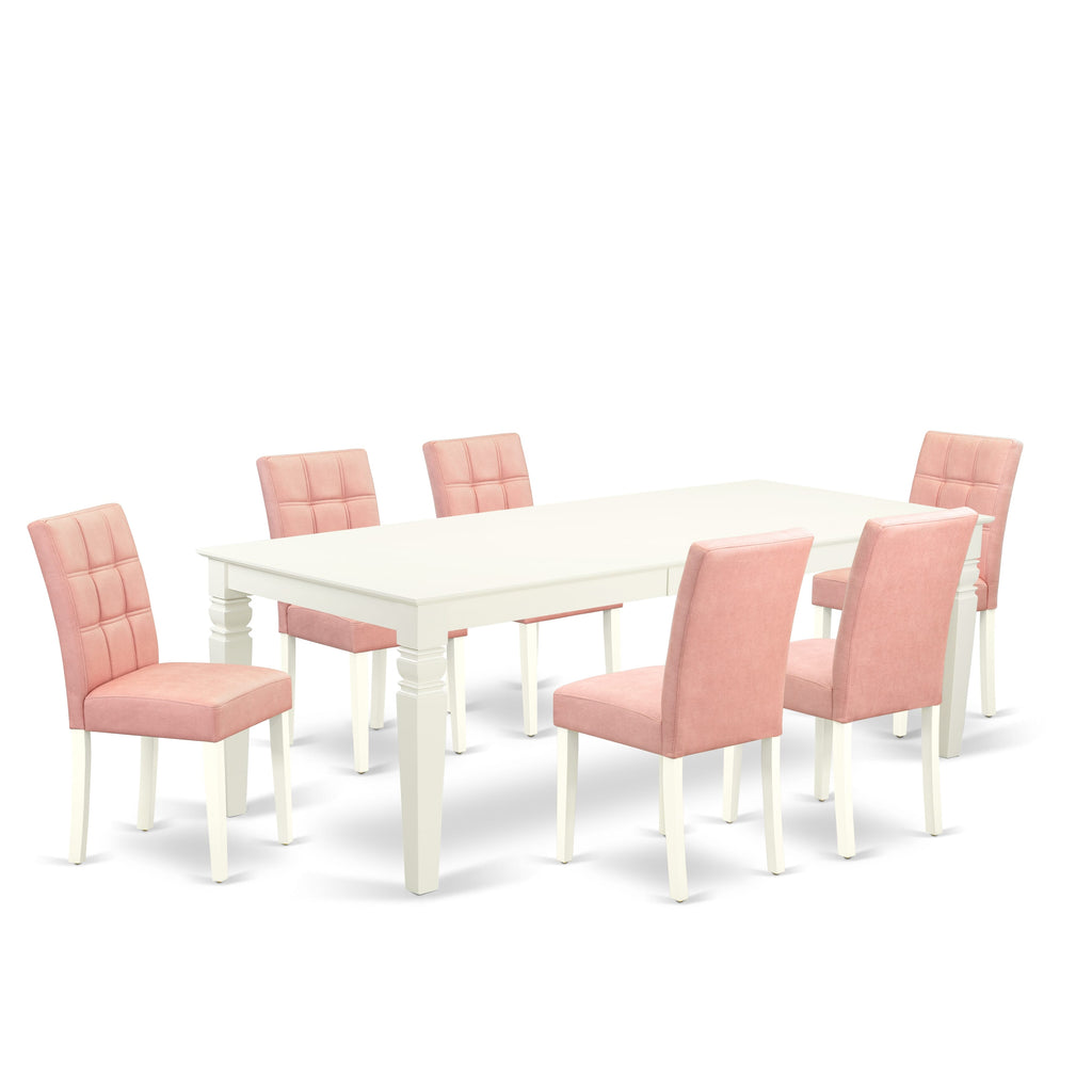 East West Furniture LGAS7-LWH-42 7 Piece Dining Table Set consists A Wooden Table and 6 Beige Red Faux Leather Parson Dining Chairs with Stylish Back- Linen White Finish