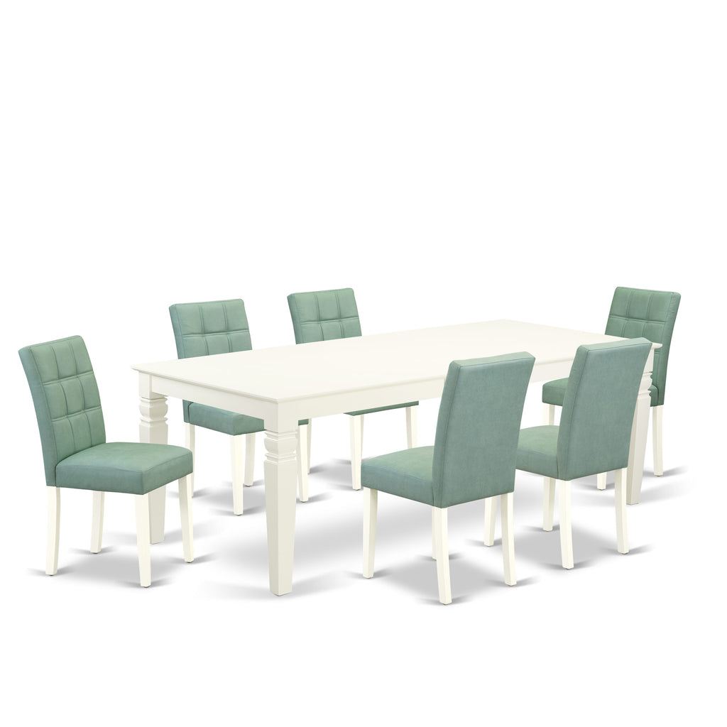 East West Furniture LGAS7-LWH-43 7 Piece Dining Set contain A Mid Century Table and 6 Willow Green Faux Leather Mid Century Modern Dining Chairs, Linen White