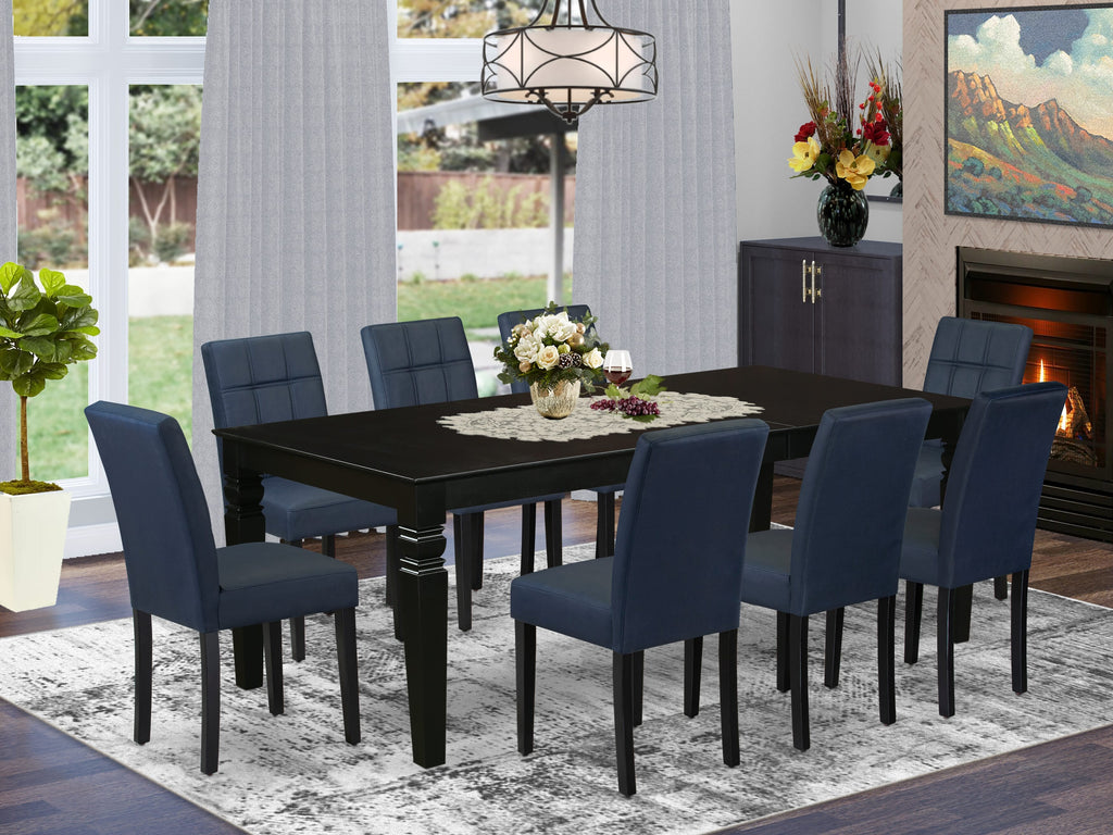 East West Furniture LGAS9-BLK-09 9 Piece Dinner Table Set contain A Kitchen Table and 8 Dark Navy Blue Faux Leather Parson Kitchen Chairs with Stylish Back- Black Finish