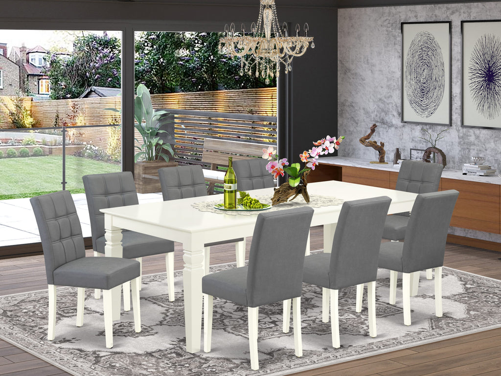 East West Furniture LGAS9-LWH-41 9 Piece Dining Table Set Includes A Wooden Table and 8 Platinum Gray Faux Leather Dinner Chairs with Stylish Back- Linen White Finish