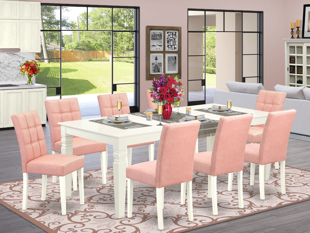 East West Furniture LGAS9-LWH-42 9 Piece Dinette Table Set contain A Modern Dining Table and 8 Beige Red Faux Leather Kitchen Chairs with Stylish Back- Linen White Finish