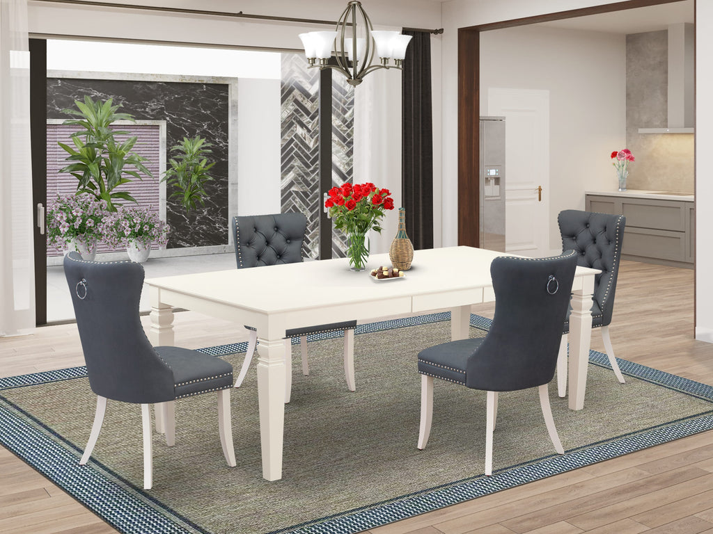 East West Furniture LGDA5-LWH-13 5 Piece Kitchen Table & Chairs Set Includes a Rectangle Dining Table with Butterfly Leaf and 4 Upholstered Chairs, 42x84 Inch, linen white