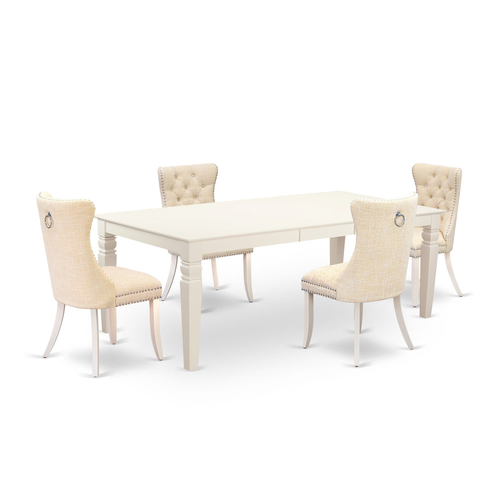 East West Furniture LGDA5-LWH-32 5 Piece Dining Table Set Includes a Rectangle Wooden Table with Butterfly Leaf and 4 Upholstered Chairs, 42x84 Inch, linen white