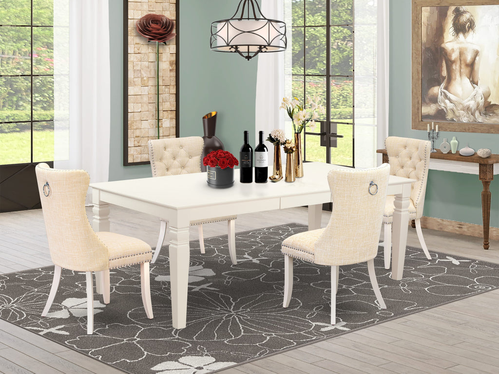 East West Furniture LGDA5-LWH-32 5 Piece Dining Table Set Includes a Rectangle Wooden Table with Butterfly Leaf and 4 Upholstered Chairs, 42x84 Inch, linen white