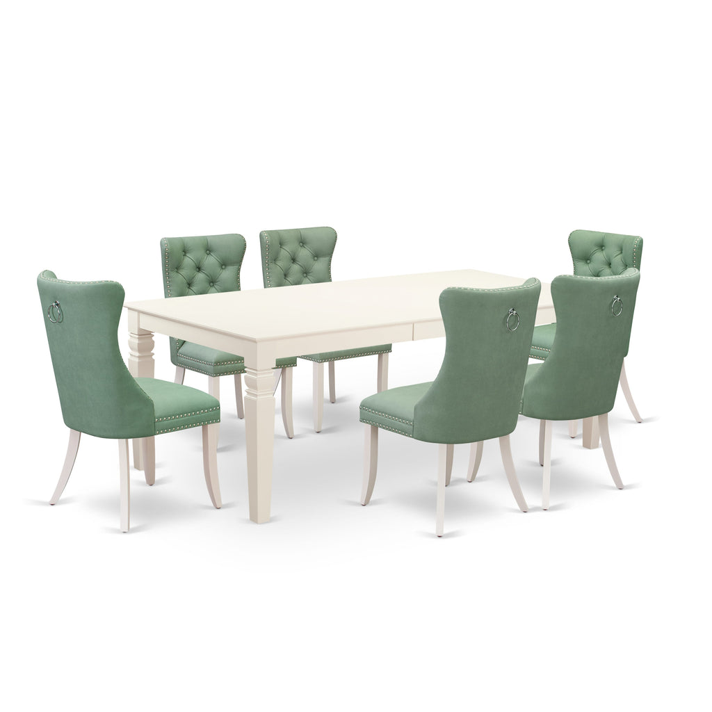 East West Furniture LGDA7-LWH-22 7 Piece Dining Table Set Contains a Rectangle Kitchen Table with Butterfly Leaf and 6 Upholstered Parson Chairs, 42x84 Inch, linen white