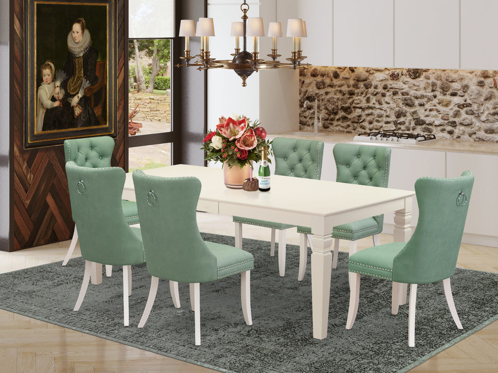 East West Furniture LGDA7-LWH-22 7 Piece Dining Table Set Contains a Rectangle Kitchen Table with Butterfly Leaf and 6 Upholstered Parson Chairs, 42x84 Inch, linen white