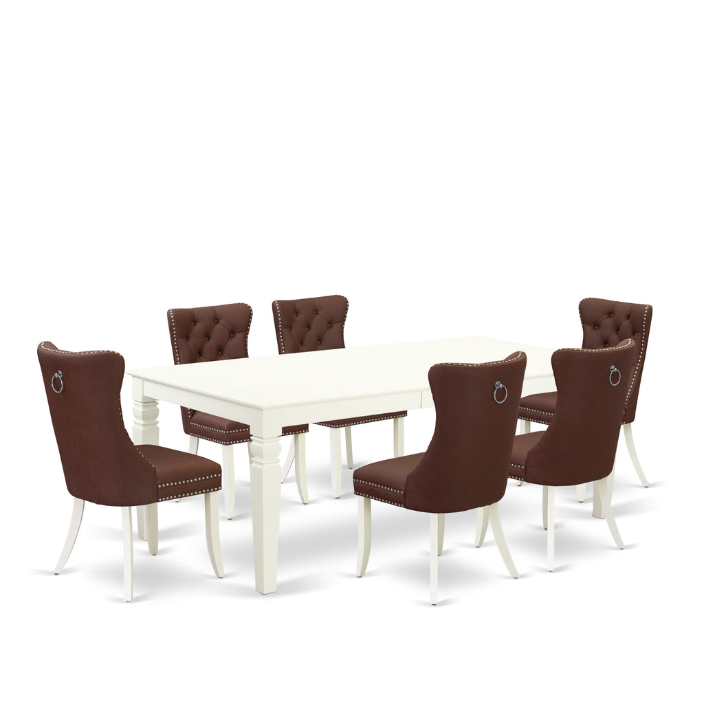 East West Furniture LGDA7-LWH-26 7 Piece Dining Set Contains a Rectangle Kitchen Table with Butterfly Leaf and 6 Upholstered Parson Chairs, 42x84 Inch, linen white