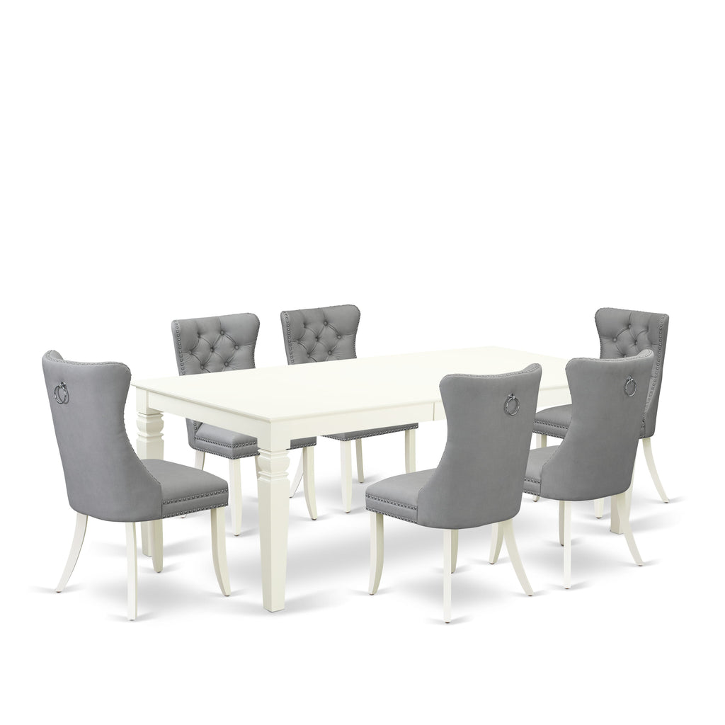 East West Furniture LGDA7-LWH-27 7 Piece Dining Set Includes a Rectangle Kitchen Table with Butterfly Leaf and 6 Parson Chairs, 42x84 Inch, linen white